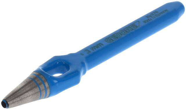 Blue pointed set screw with 3 mm tip and metal insert, for precise work in carpentry or metalworking.