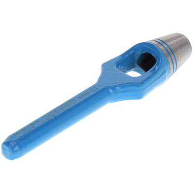 A blue tool attachment with a metallic tip, likely for industrial applications, lies on a white background.