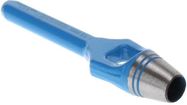 A blue metal hole punch with a round punching aperture. Used for cutting holes in solid materials.