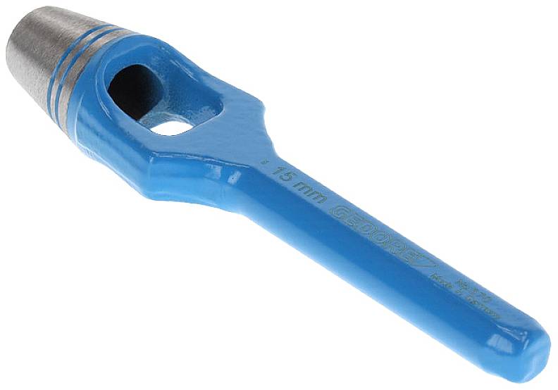 A blue hammer with a steel head, used for punch or chisel work. The handle is ergonomically shaped.