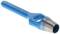 Blue, cylindrical metal punch with a tapered end, used for punching holes in materials such as leather or fabric.