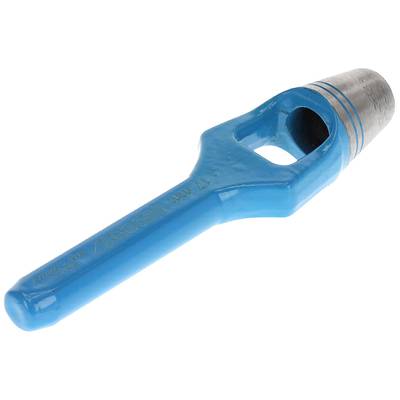 A blue metal craftsman's tool handle with an oval opening at one end and a cylindrical tip at the other end.