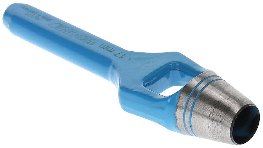 A blue hole punch or leather punch with a conical, metallic tip for punching round holes in materials such as leather or rubber.