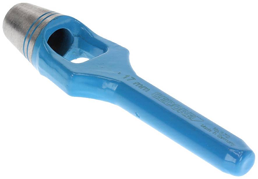 A blue and silver hole punch with a handle; used for punching holes in materials such as leather or fabric, 17 mm in size.