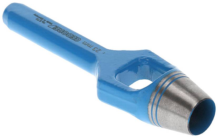 A blue leather punch with a silver tip, likely designed for punching holes in leather or fabric. It has a cylindrical shape.