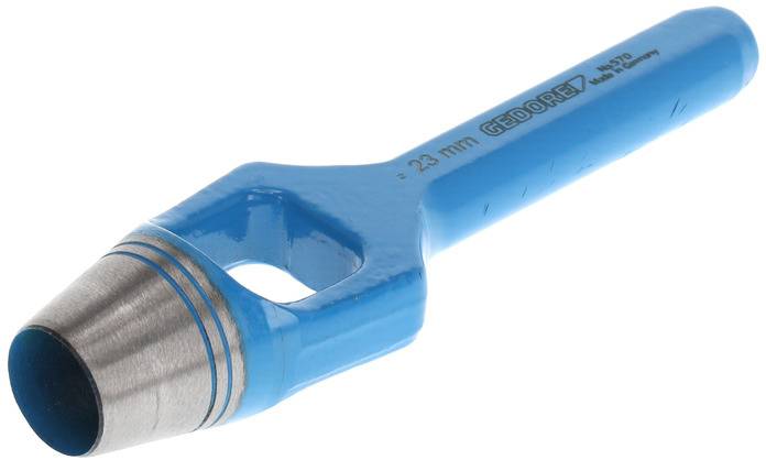 A blue leather punch with a metal tip, brand marking visible. A tool type used for leather or textile work.