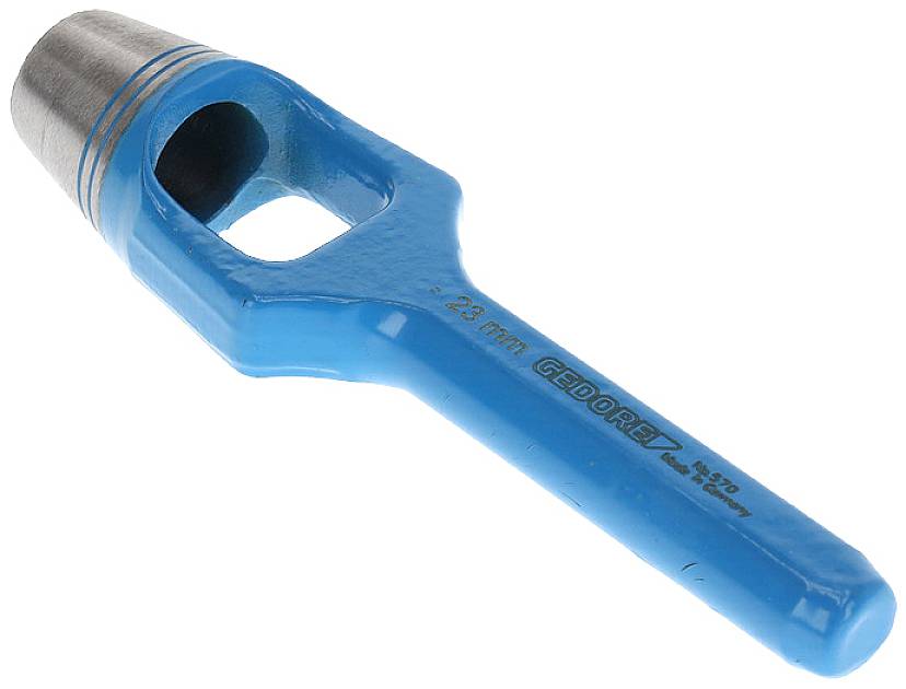 Blue hole punch with silver tip and opening, tool for punching holes in materials, with engraving '23 mm GEDORE'.