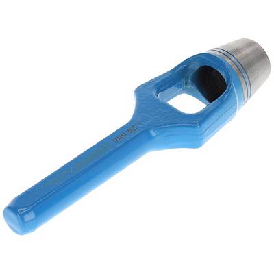 Blue leather punch with metal head, used for punching holes in leather or heavy fabrics.