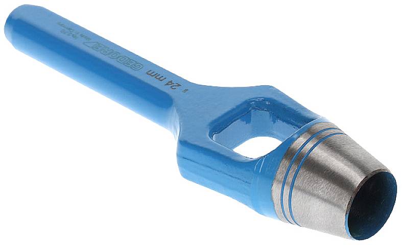 A blue leather punch with a metal tip, suitable for cutting out shapes in leather or other materials.