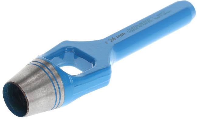 A blue metal pothole punch with a cylindrical head for creating clean holes in materials.