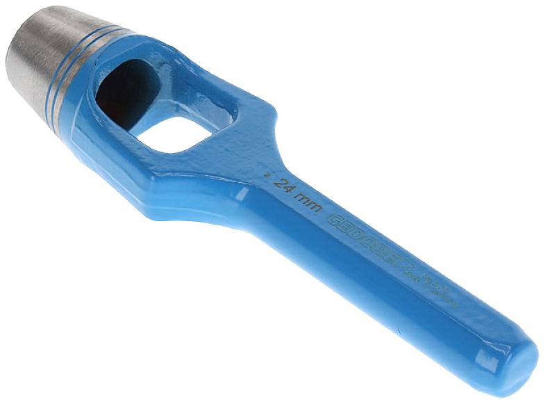 A blue hole punch with a silver tip, size '24 mm', for cutting out materials.
