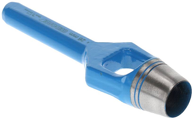 A blue hole punch with a metal head and a sharp edge is used for precisely cutting out materials.