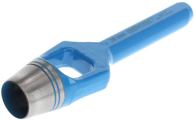 A blue leather punch tool with a silver tip, used for punching precise holes in materials such as leather or fabric.