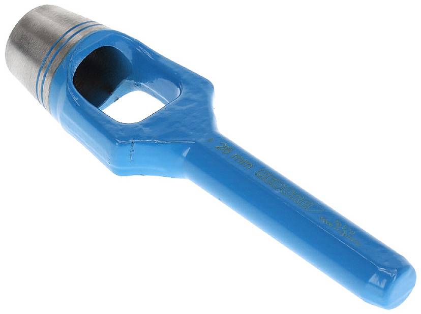 Blue round hole punch with metal tip, used for punching holes in materials such as leather or fabric.