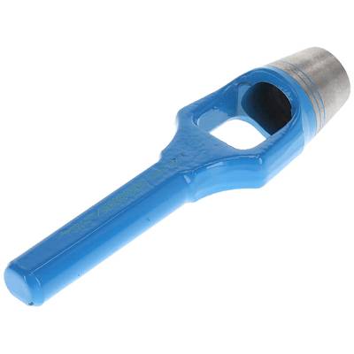 Blue hole punch with metal tip, used for punching holes in materials such as leather or fabric.