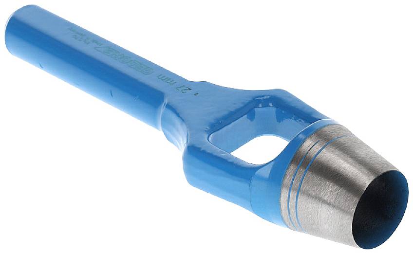 A blue hole punch with a metal point, suitable for punching holes in materials such as leather or fabric.