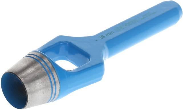 A blue leather punch with a metallic cutting edge, used for precisely punching holes in leather or other materials.