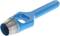 A blue leather punch with a metallic cutting edge, used for precisely punching holes in leather or other materials.