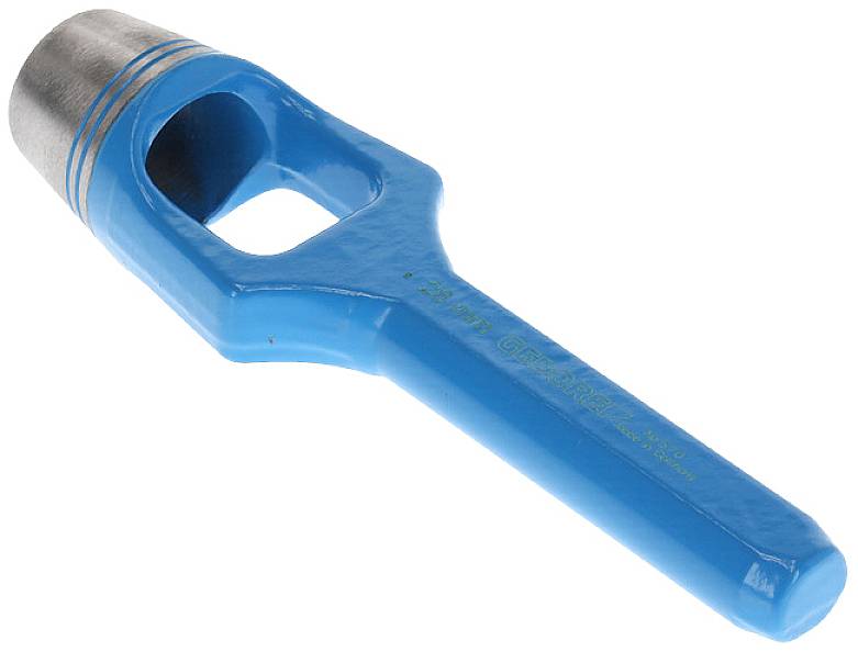 A blue hole punch with a metal head, designed for precisely punching holes in materials.