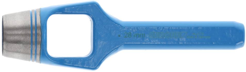 A blue leather hole punch with a metal tip, marked with '28 mm'. A tool for creating round holes in materials.