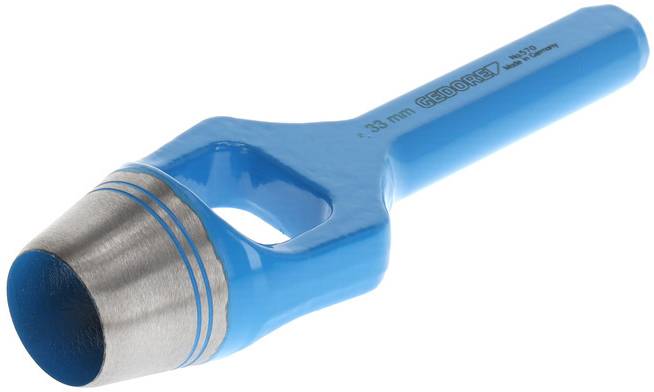 A blue hole punch with a metal tip, lying sideways, on a white background. Suitable for punching holes in materials.