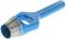 A blue hole punch with a metal tip, lying sideways, on a white background. Suitable for punching holes in materials.