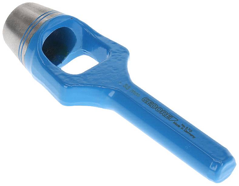 A blue hole punch with a metal head, used for punching holes in materials such as leather or cardboard.