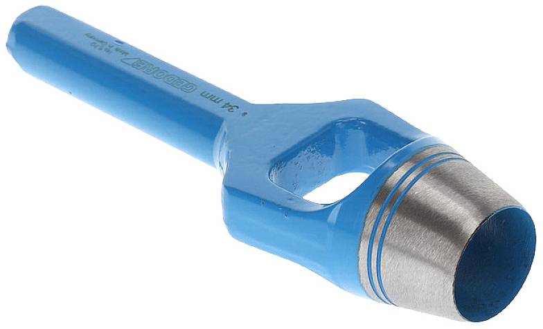 Blue hollow punch with silver tip on white background.