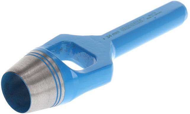 A blue hollow chisel with a cylindrical metal head and handle. Used for removing cylindrical pieces from materials.