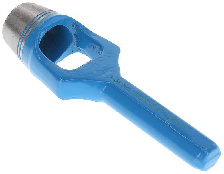 A blue metal hole punch for leather and fabric, lying on a white surface. Suitable for crafting and DIY projects.