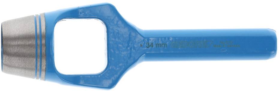 A blue hole punch with a metal tip, suitable for punching 34 mm holes, lies flat on a white surface.