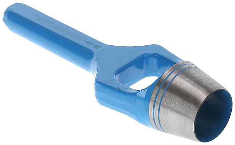 A blue hole punch with a silver cutting section, positioned sideways. Used for punching holes in materials such as leather or fabric.