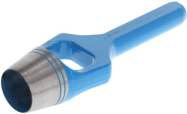 A blue metal hollow punch with a rounded blade and handle, used for punching out material, such as leather or rubber.