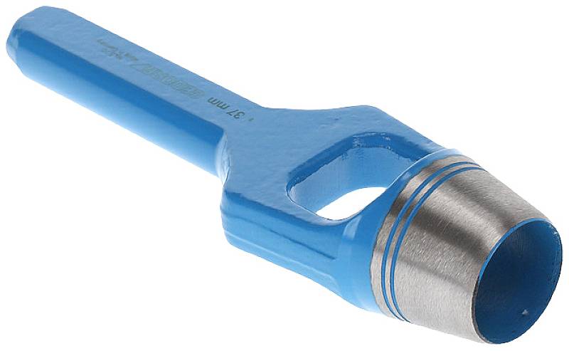 A blue hole punch with a metallic cutting head, used for punching holes in materials such as leather or paper.
