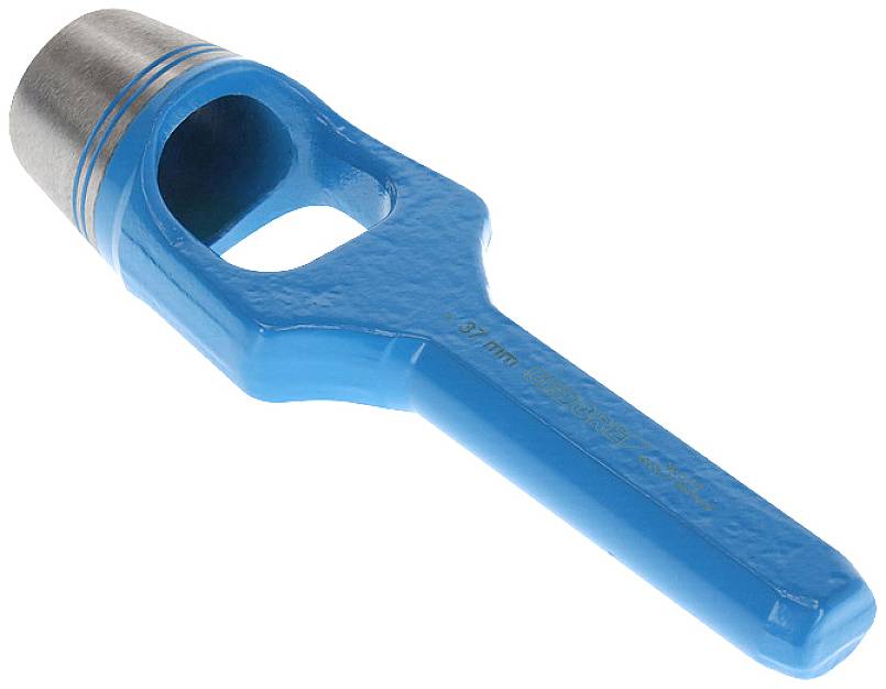 Blue round hole punch with 57 mm diameter, made of metal. Tool for punching holes in various materials.
