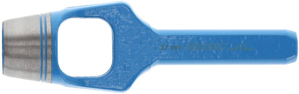 A blue hole punch with a cylindrical metal head and rectangular handle. Suitable for punching holes in materials.