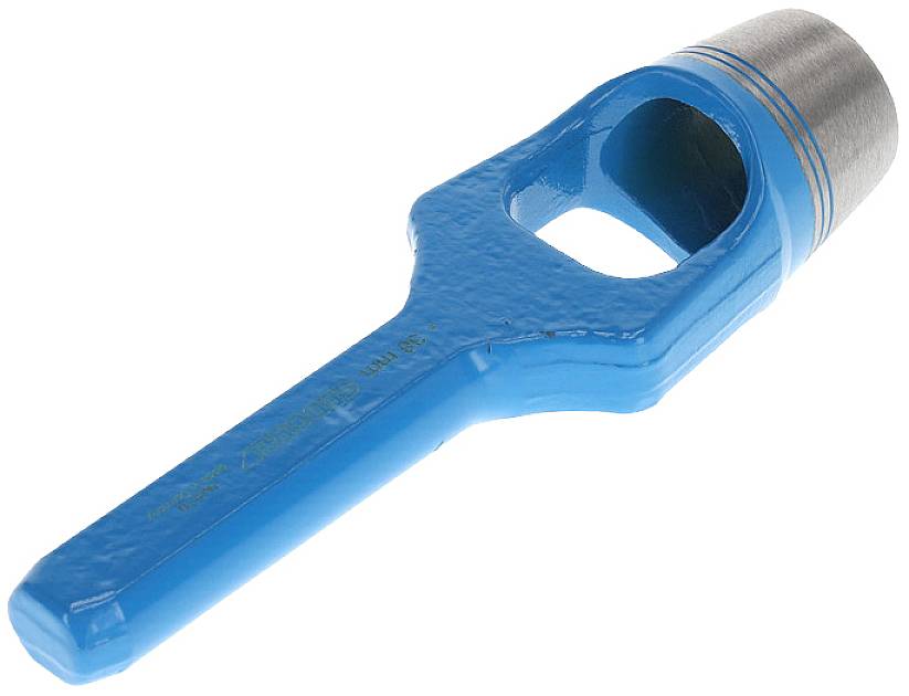 A blue leather punch with a metallic cutting edge, used for punching holes in materials such as leather or fabric.