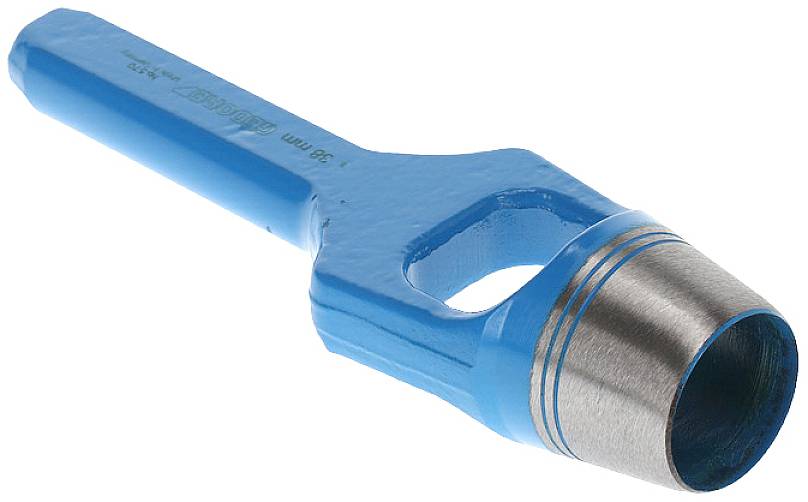 A blue metal tool similar to a hole punch, used for cutting or punching materials. Primarily for creating precise holes.