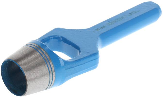 A hand tool consisting of a blue, cylindrical handle and a metallic cutting edge at one end.