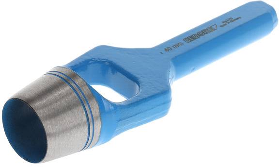 A blue hollow punch with a metal tip, used for punching holes in materials such as leather or rubber.