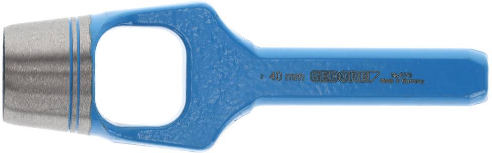 Blue round hole punch with Ø 40 mm, metal point, manufacturer print 'GEDORE', manufactured in Germany.