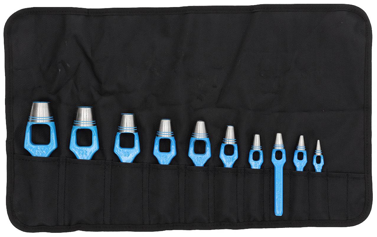 Nine blue conical tools in various sizes, neatly arranged in a black bag.