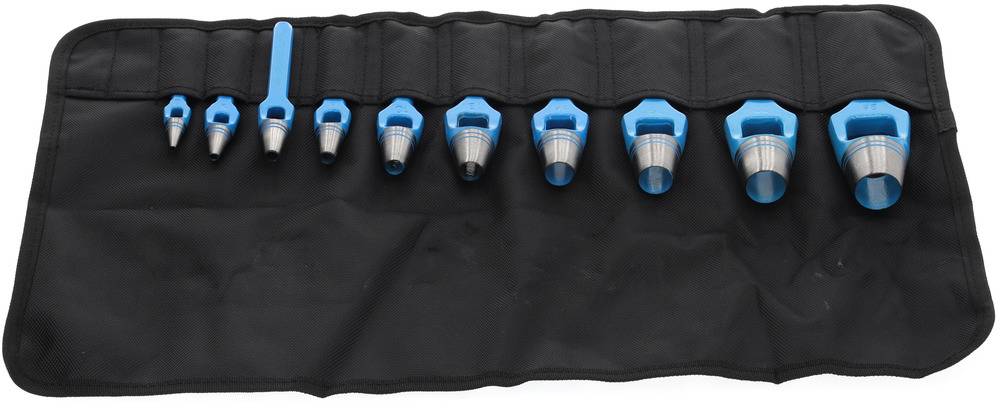 A set of nine conical thread-cutting tools, arranged in ascending size on a black tool mat.