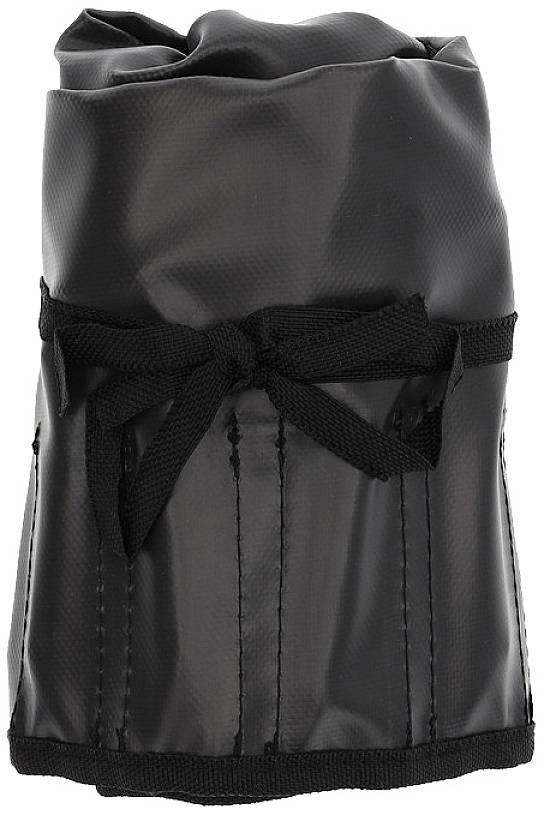 Black, rolled-up case with ribbon, likely suitable for storing tools or utensils.
