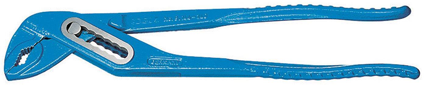 Blue water pump pliers with ribbed handles and adjustable jaws.
