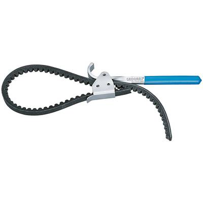 Pictured is a blue oil filter wrench with a toothed belt, suitable for loosening or tightening oil filters in vehicles.