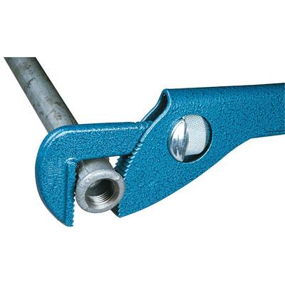 A blue pipe wrench grips a silver pipe. The wrench is made of metal with a textured handle.