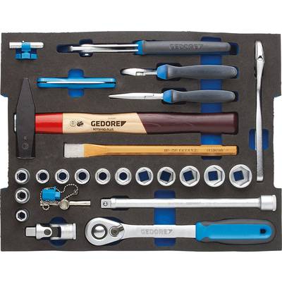 A tool case with various hand tools such as a hammer, pliers, socket wrenches and screwdrivers in a foam insert.