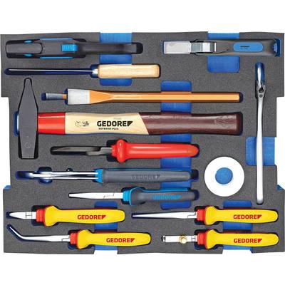 Tool set with various hand tools: Hammer, screwdriver, pliers and blade. All tools organised in foam insert.