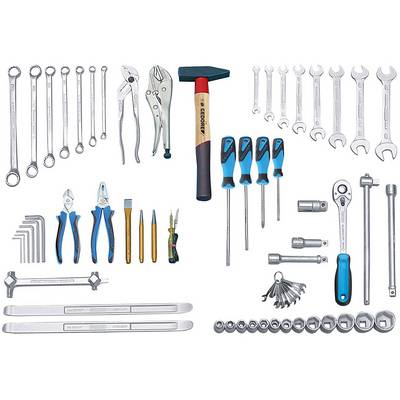 A tool set with various hand tools such as spanners, hammer, pliers, screwdrivers and Allen keys.